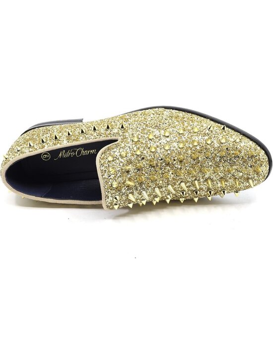 Metrocharm Men\'s Gold Sparkly Glitter Spike Sequin Tuxedo Loafer Slip On Shoes main image 5
